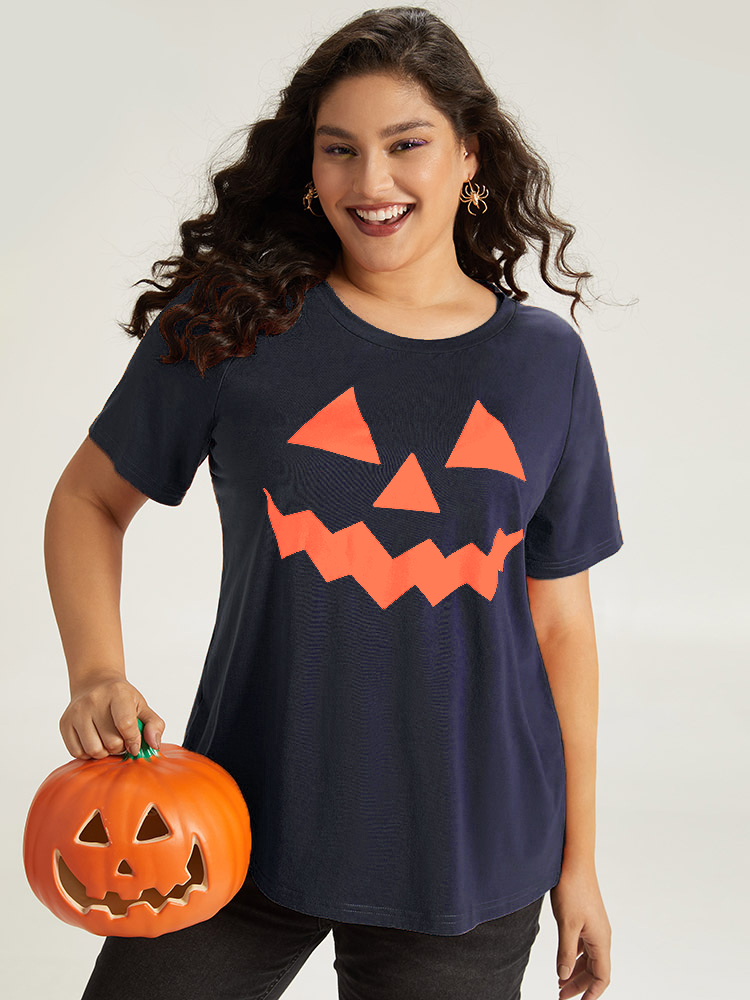 

Plus Size Halloween Print Crew Neck T-shirt Indigo Women Casual Printed Halloween Round Neck Festival-Halloween T-shirts BloomChic