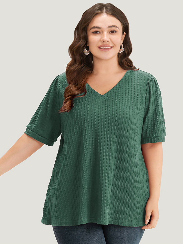 

Plus Size Plain Texture V Neck Gathered Lantern Sleeve T-shirt Teal Women Casual Texture Plain V-neck Dailywear T-shirts BloomChic