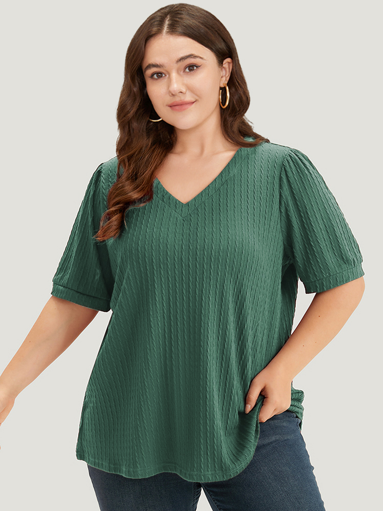 

Plus Size Plain Texture V Neck Gathered Lantern Sleeve T-shirt Teal Women Casual Texture Plain V-neck Dailywear T-shirts BloomChic