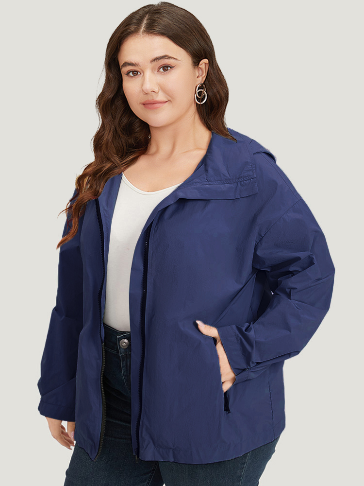 

Plus Size Plain Hooded Pocket Zipper Fly Jacket Women DarkBlue Plain Pocket Dailywear Jackets BloomChic