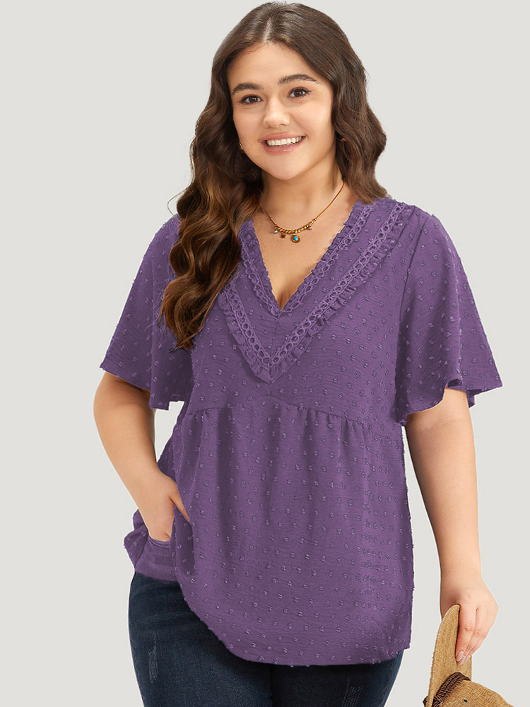 

Plus Size Mauve Polka Dot Frill Trim V Neck Flutter Blouse Women Elegant Short sleeve V-neck Work Blouses BloomChic