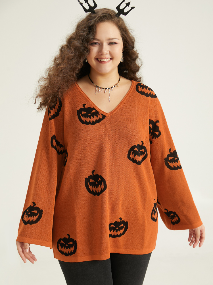 

Plus Size Halloween V Neck Bell Sleeve Pullover Chocolate Women Casual Loose Long Sleeve V-neck Dailywear Pullovers BloomChic