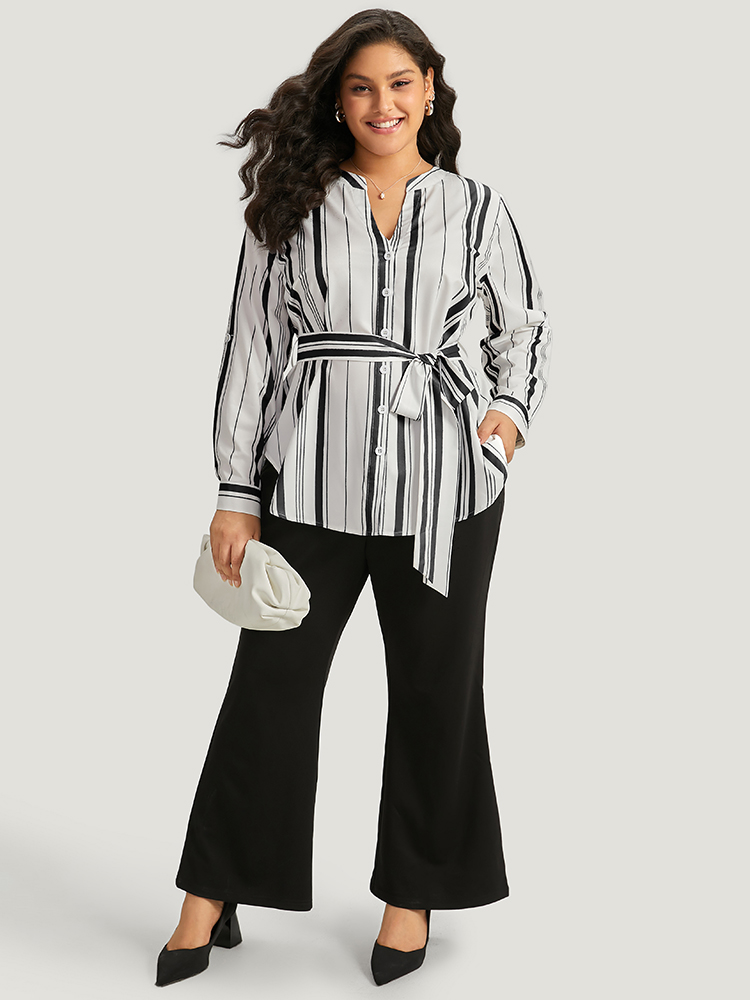 

Plus Size Black Striped Arc Hem Belted Roll Tab Sleeve Blouse Women Office Long Sleeve V-neck Work Blouses BloomChic