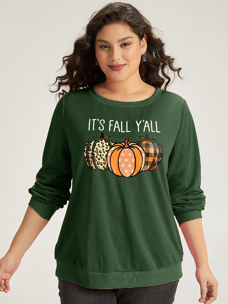 

Plus Size Halloween Pumpkin Crew Neck Elastic Cuffs Sweatshirt Women Green Casual Elastic cuffs Round Neck Festival-Halloween Sweatshirts BloomChic