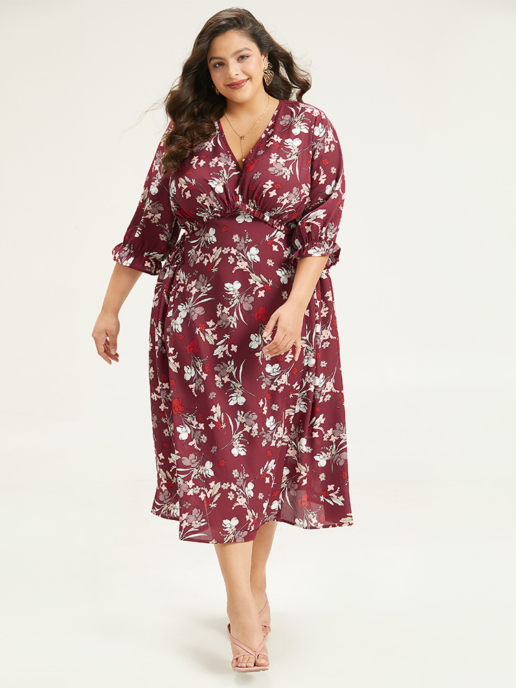 

Plus Size Floral Print Ruffle Sleeve Gathered Dress Burgundy Women Elegant Printed V-neck Half Sleeve Curvy Midi Dress BloomChic