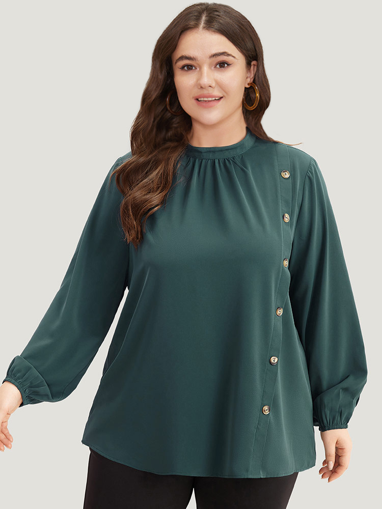 

Plus Size Cyan Anti-Wrinkle Asymmetrical Button Gathered Blouse Women Office Long Sleeve Round Neck Work Blouses BloomChic