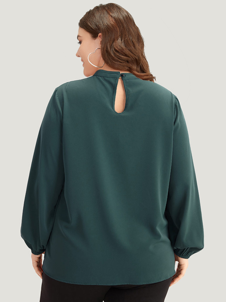 Plus Size Cyan Anti-Wrinkle Asymmetrical Button Gathered Blouse Women Office Long Sleeve Round Neck Work Blouses BloomChic 14-16/1X 