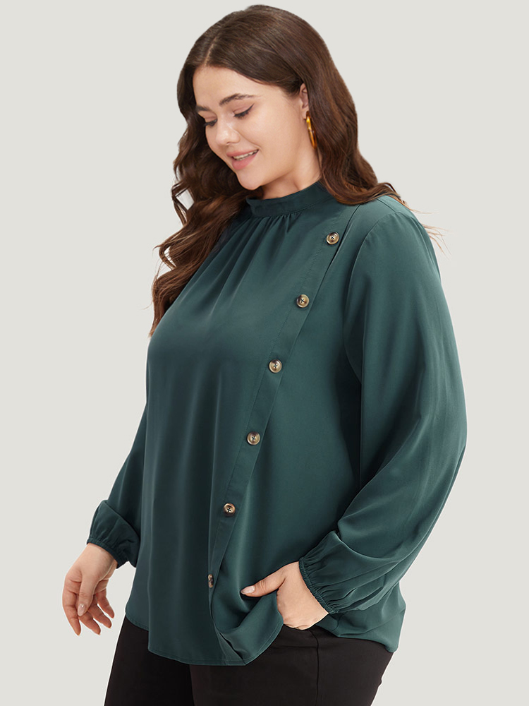Plus Size Cyan Anti-Wrinkle Asymmetrical Button Gathered Blouse Women Office Long Sleeve Round Neck Work Blouses BloomChic 14-16/1X 