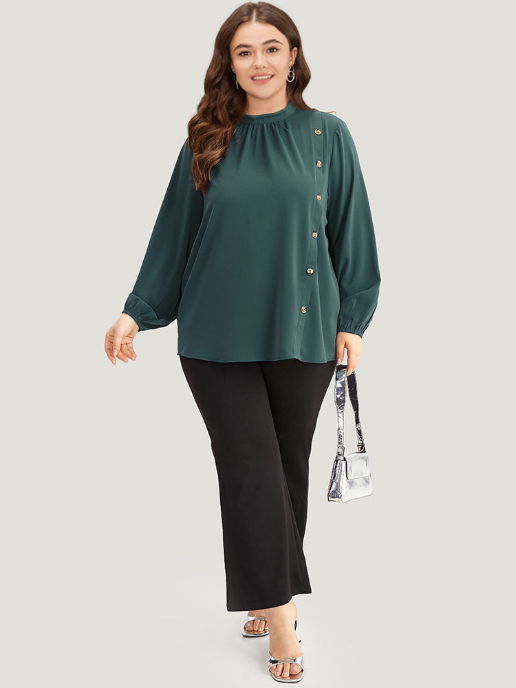 Plus Size Cyan Anti-Wrinkle Asymmetrical Button Gathered Blouse Women Office Long Sleeve Round Neck Work Blouses BloomChic 14-16/1X 