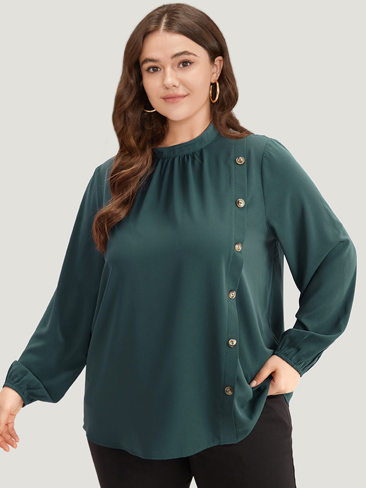 Plus Size Cyan Anti-Wrinkle Asymmetrical Button Gathered Blouse Women Office Long Sleeve Round Neck Work Blouses BloomChic 14-16/1X 