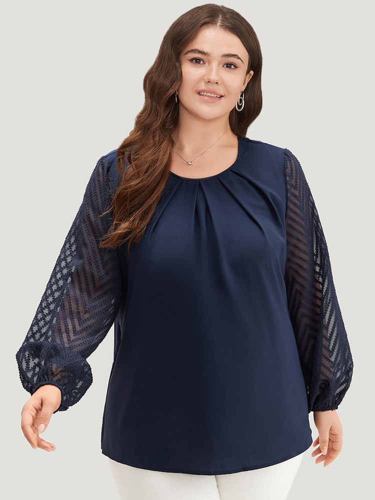 Plus Size Women Work Plain Texture Lantern Sleeve Long Sleeve Round Neck Office Blouses BloomChic 