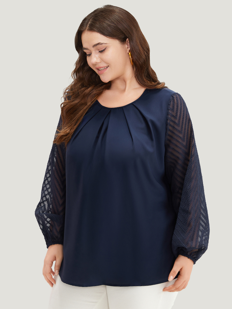 Plus Size Women Work Plain Texture Lantern Sleeve Long Sleeve Round Neck Office Blouses BloomChic 
