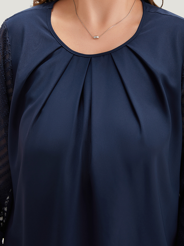 Plus Size Women Work Plain Texture Lantern Sleeve Long Sleeve Round Neck Office Blouses BloomChic 