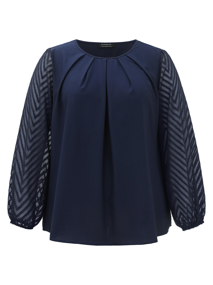 Plus Size Women Work Plain Texture Lantern Sleeve Long Sleeve Round Neck Office Blouses BloomChic 