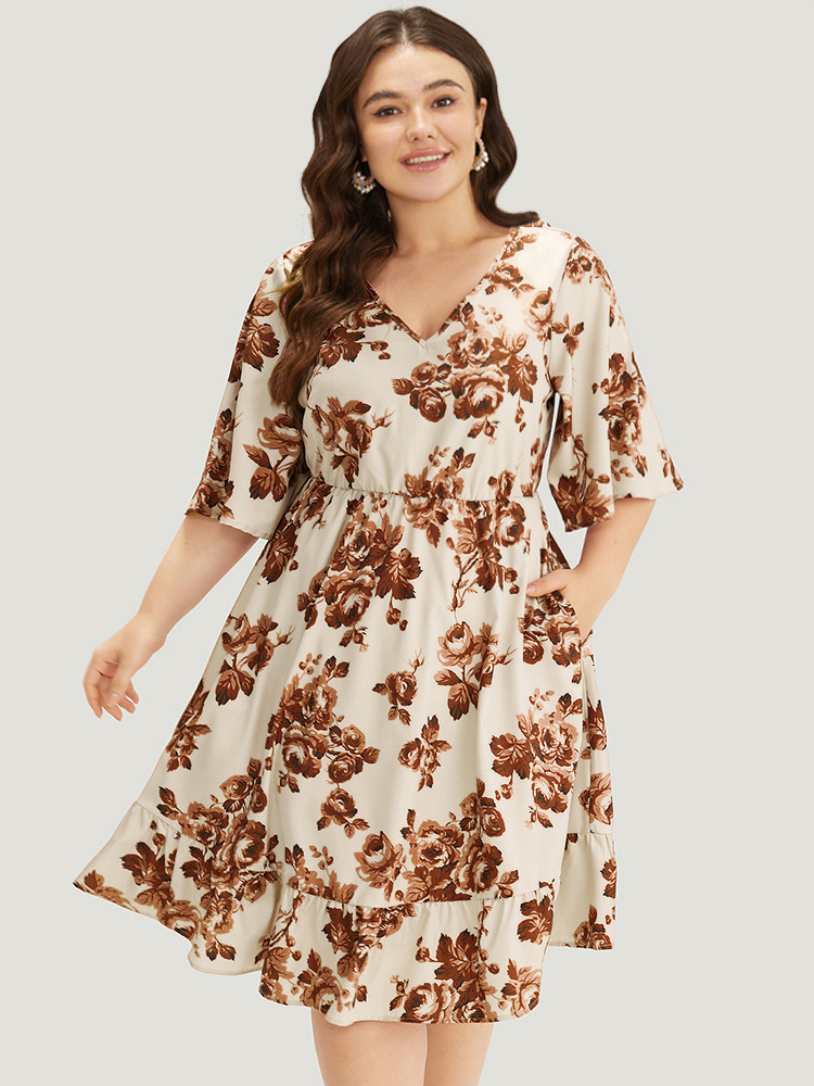 

Plus Size Floral Print Pocket Flounce Sleeve Ruffle Dress Russet Women Elegant Printed V-neck Half Sleeve Curvy Midi Dress BloomChic