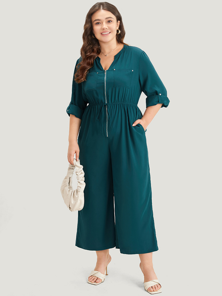 

Plus Size Aegean Notched Zipper Gathered Drawstring Jumpsuit Women Office Long Sleeve Notched collar Work Loose Jumpsuits BloomChic