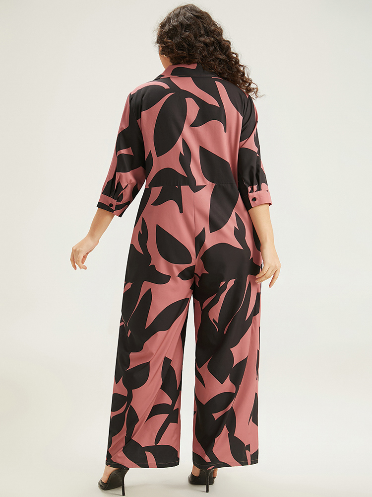 

Plus Size DustyPink Silhouette Floral Print Zipper Belted Jumpsuit Women Elegant Elbow-length sleeve Shirt collar Everyday Loose Jumpsuits BloomChic