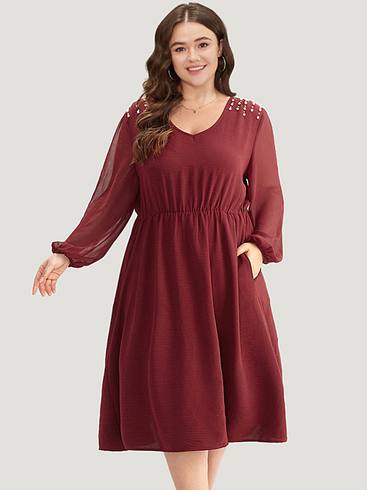 

Plus Size Pearl Beaded Pocket Mesh Patchwork Dress Scarlet Women Elegant Elastic cuffs V-neck Long Sleeve Curvy Midi Dress BloomChic