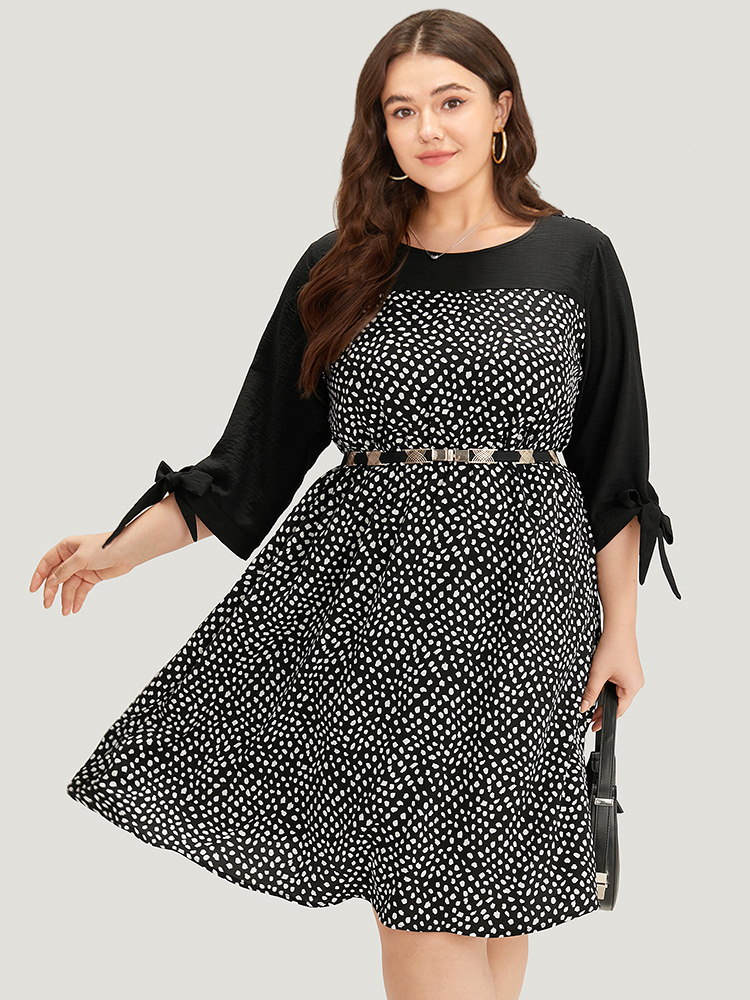 

Plus Size Geometric Graphic Patchwork Knot Cuffs Dress Black Women Office Cross straps Round Neck Elbow-length sleeve Curvy Midi Dress BloomChic