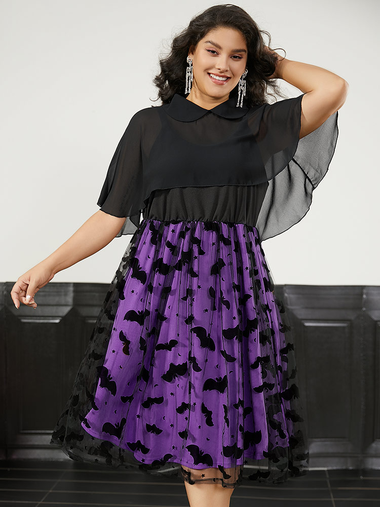 

Plus Size Halloween Bat print Tiered Patchwork Dress Purple Women Elegant Adjustable Straps Lapel Collar Sleeveless Curvy Midi Dress BloomChic