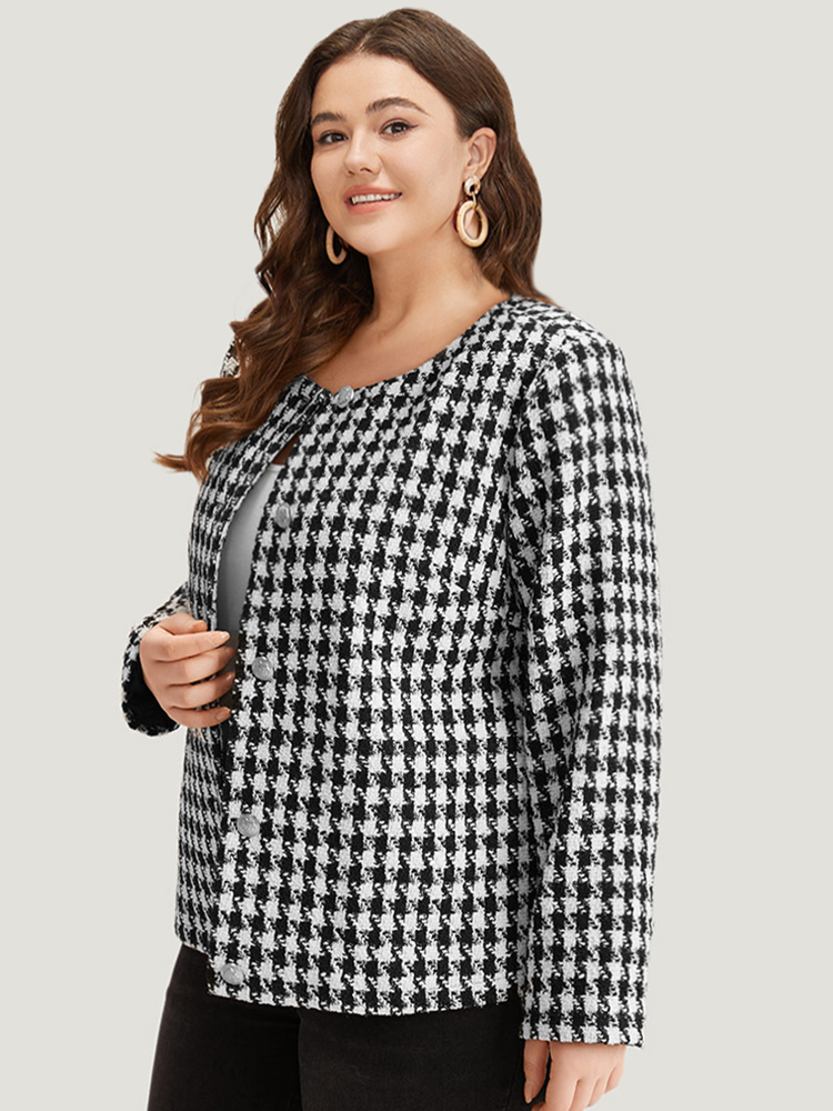 Plus Size Women Dailywear Houndstooth Texture Regular Sleeve Long Sleeve Open Front Casual Blazers BloomChic 
