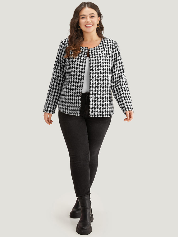Plus Size Women Dailywear Houndstooth Texture Regular Sleeve Long Sleeve Open Front Casual Blazers BloomChic 