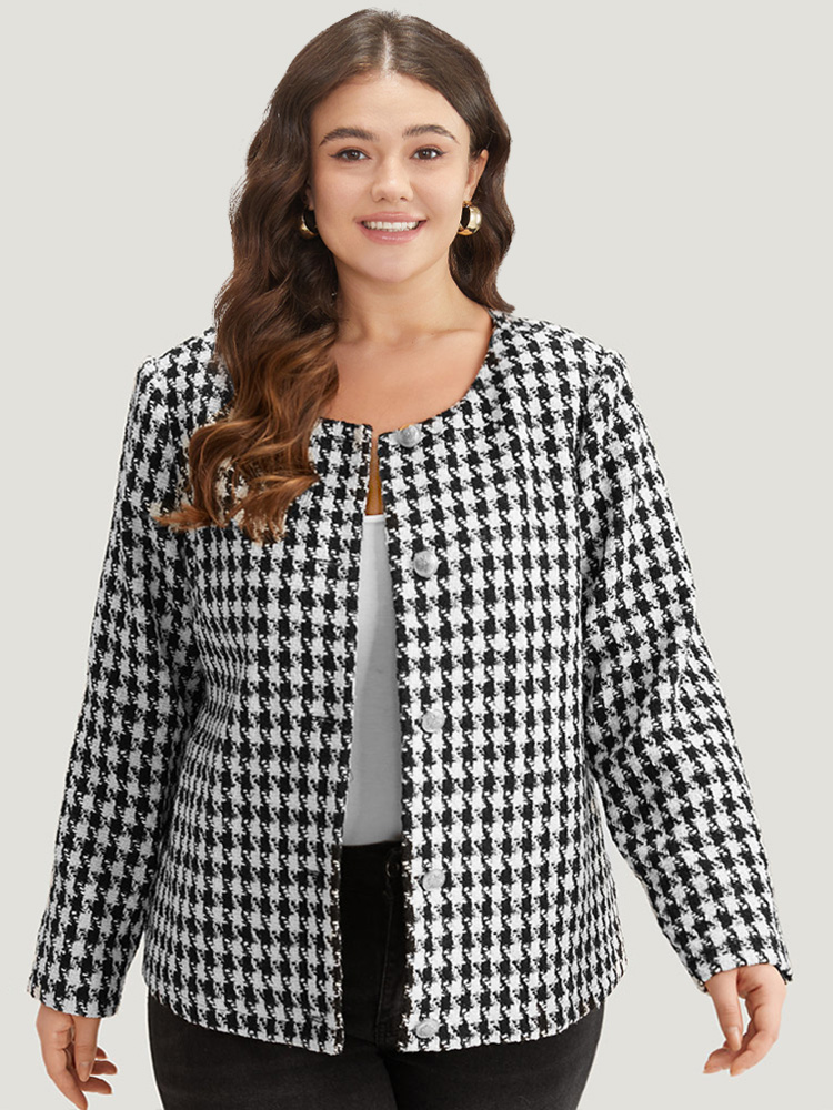 Plus Size Women Dailywear Houndstooth Texture Regular Sleeve Long Sleeve Open Front Casual Blazers BloomChic 