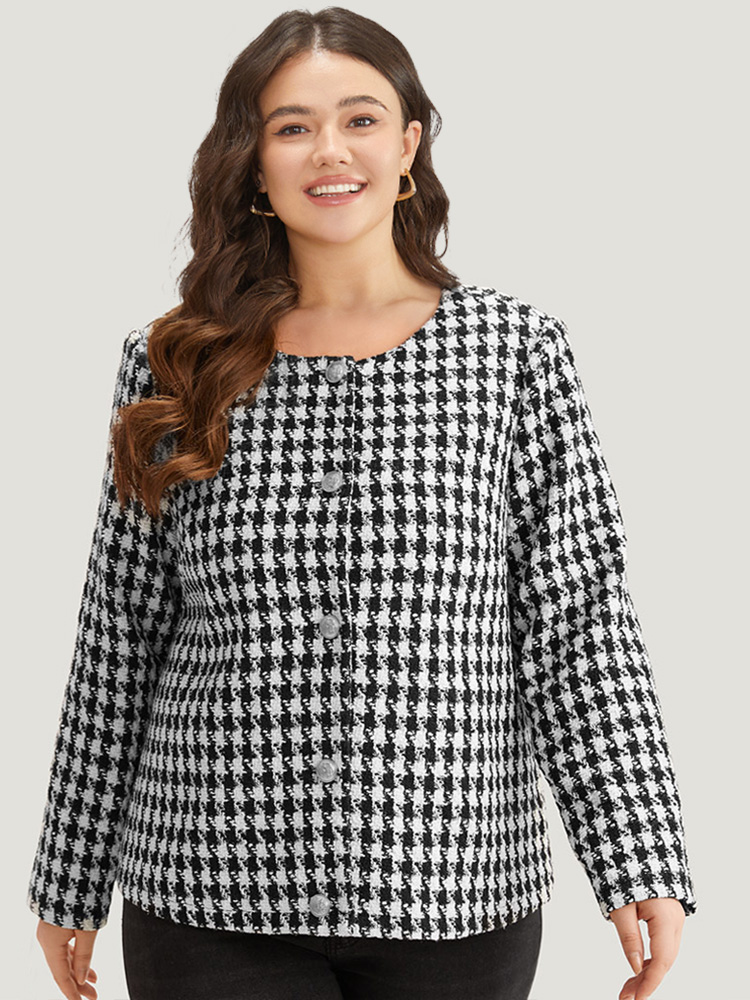 Plus Size Women Dailywear Houndstooth Texture Regular Sleeve Long Sleeve Open Front Casual Blazers BloomChic 