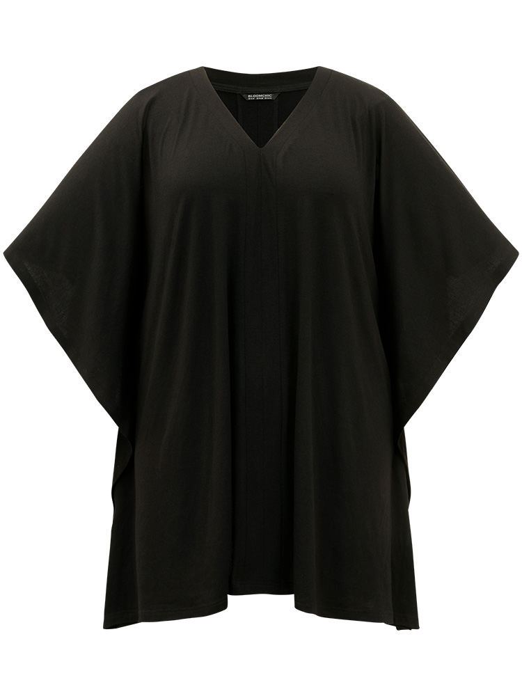 

Plus Size V Neck Solid Dolman Sleeve T-shirt Black V-neck Half Sleeve Elegant Jersey Tops