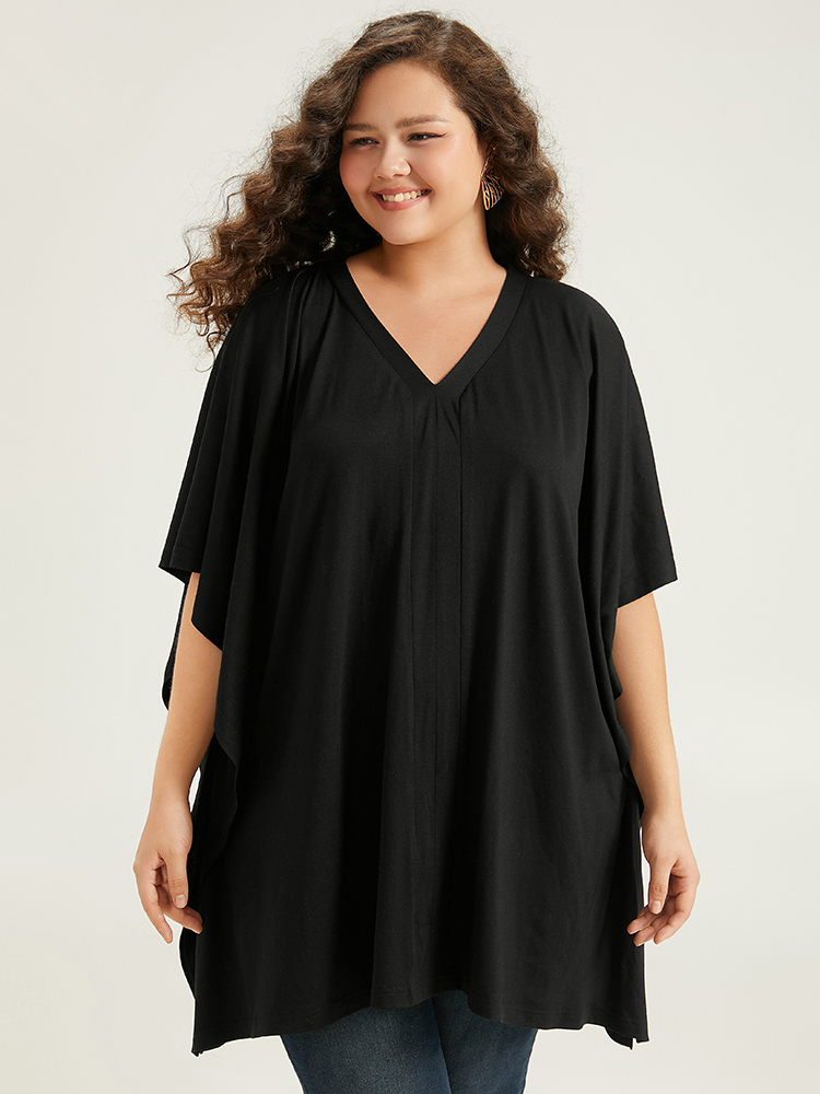 Plus Size Women Dailywear Plain Plain Dolman Sleeve Half Sleeve V-neck Elegant T-shirts BloomChic 