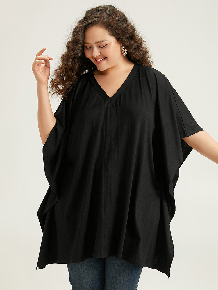 Plus Size Women Dailywear Plain Plain Dolman Sleeve Half Sleeve V-neck Elegant T-shirts BloomChic 