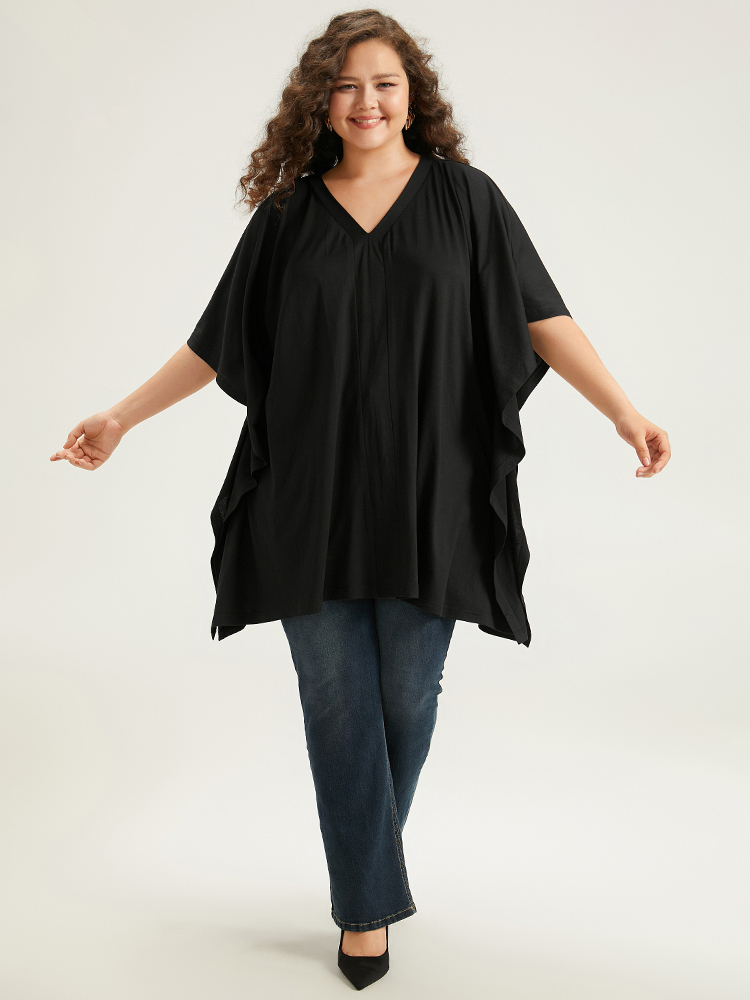 Plus Size Women Dailywear Plain Plain Dolman Sleeve Half Sleeve V-neck Elegant T-shirts BloomChic 