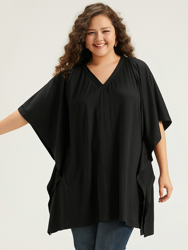 Plus Size Women Dailywear Plain Plain Dolman Sleeve Half Sleeve V-neck Elegant T-shirts BloomChic 