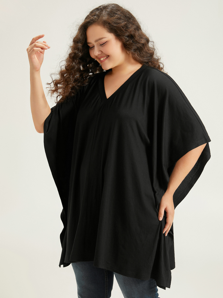 Plus Size Women Dailywear Plain Plain Dolman Sleeve Half Sleeve V-neck Elegant T-shirts BloomChic 