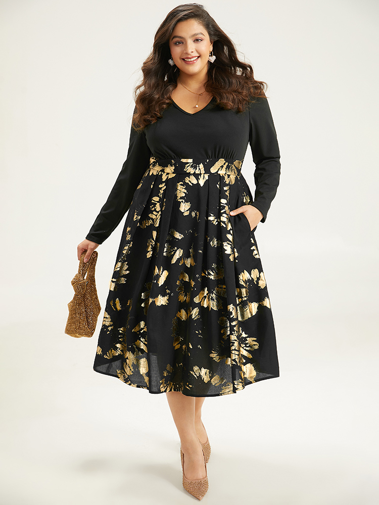 

Plus Size Brush Glitter Pocket Patchwork Dress Black Women Party Printed V-neck Long Sleeve Curvy Midi Dress BloomChic