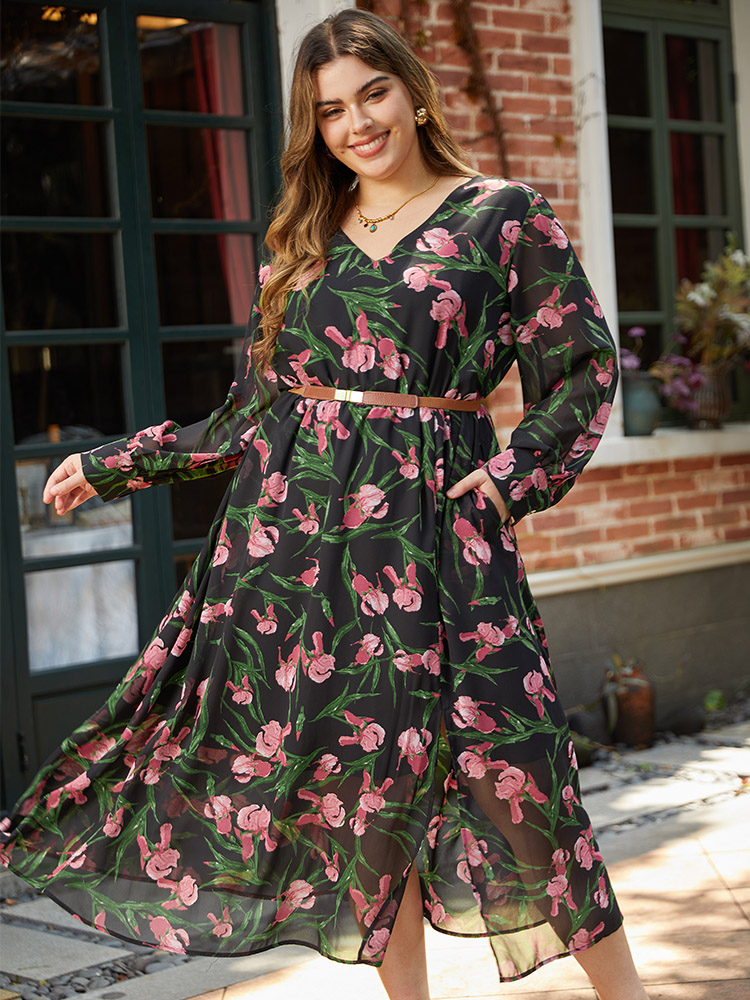

Plus Size Floral Print Chiffon Split Side Elastic Waist Dress Black Women Elegant Printed V-neck Long Sleeve Curvy Midi Dress BloomChic