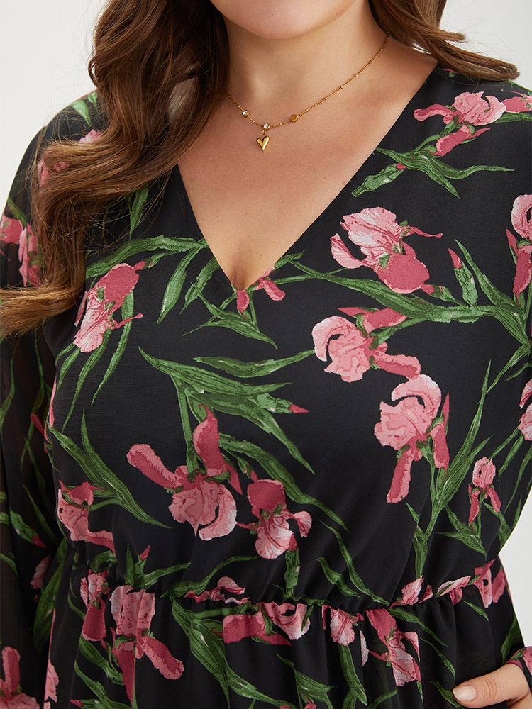 Plus Size Women Dailywear Floral Printed Regular Sleeve Long Sleeve V-neck Pocket Elegant Dresses BloomChic 