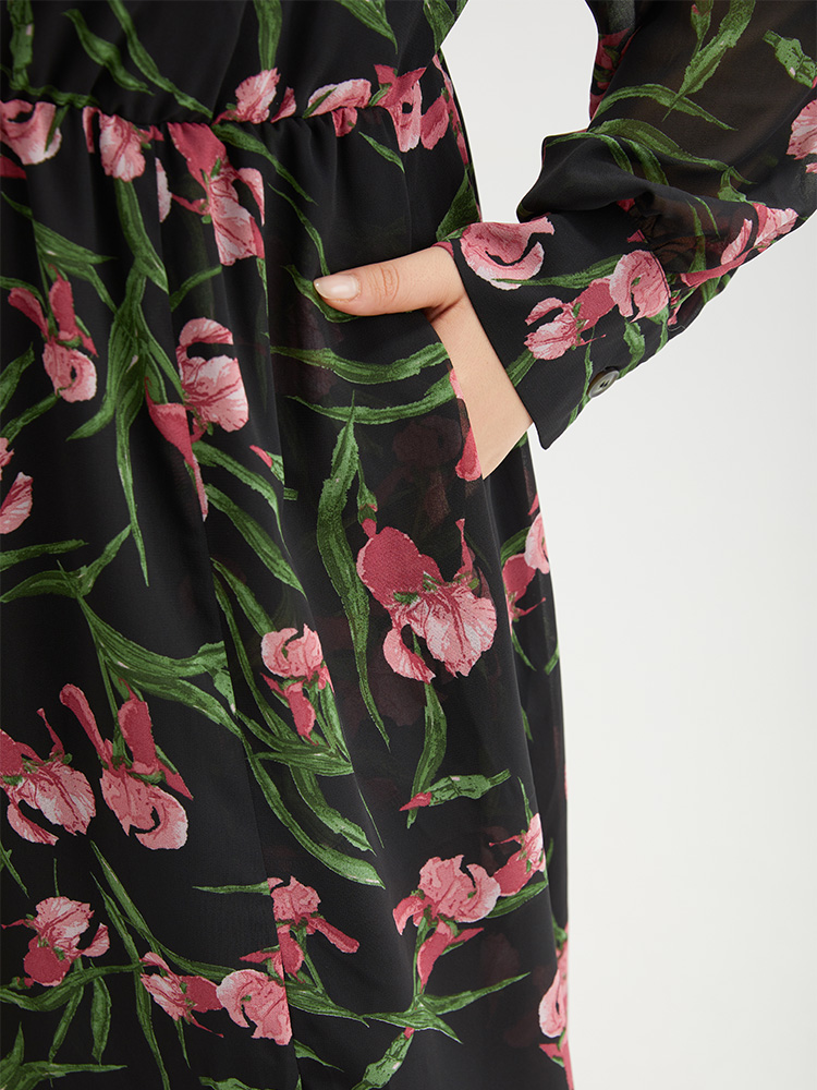 Plus Size Women Dailywear Floral Printed Regular Sleeve Long Sleeve V-neck Pocket Elegant Dresses BloomChic 