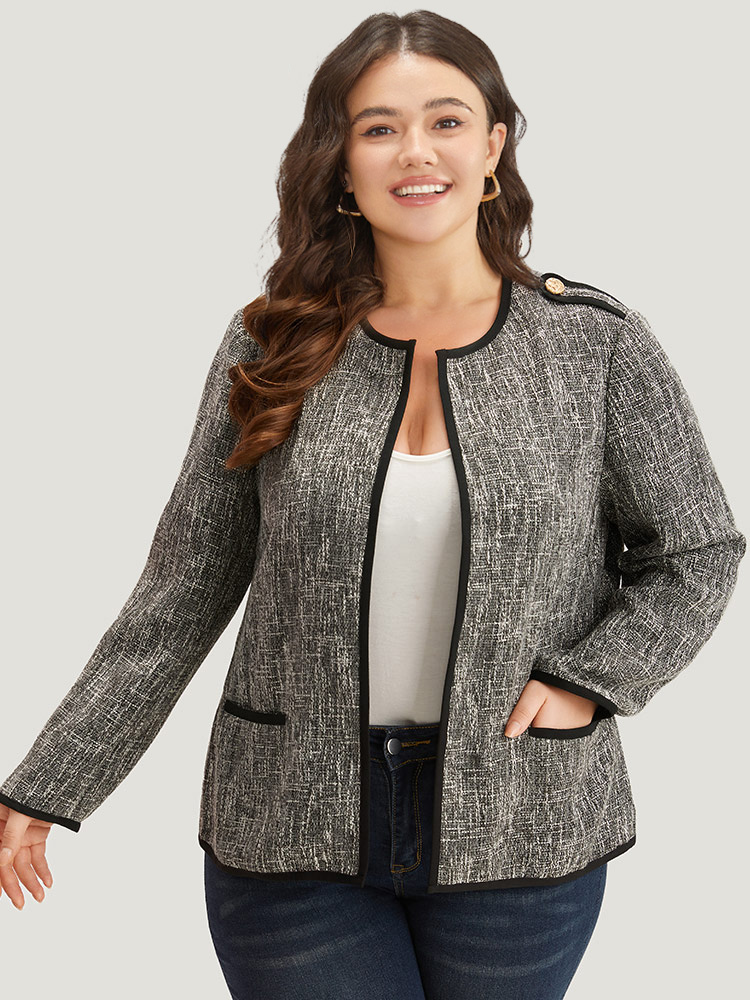 

Plus Size Patchwork Contrast Button Detail Pocket Blazer Women Black Contrast Pocket Work Jackets BloomChic