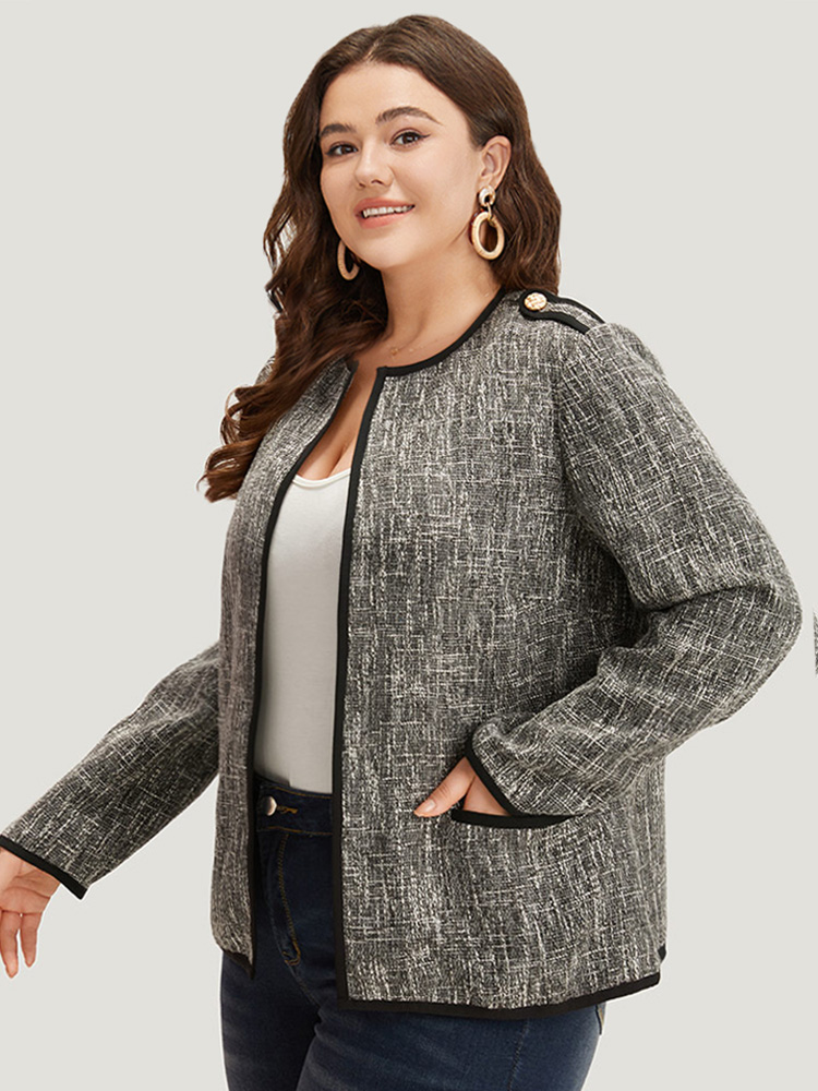 Plus Size Patchwork Contrast Button Detail Pocket Blazer Women Black Contrast Pocket Work Jackets BloomChic 28/5X 