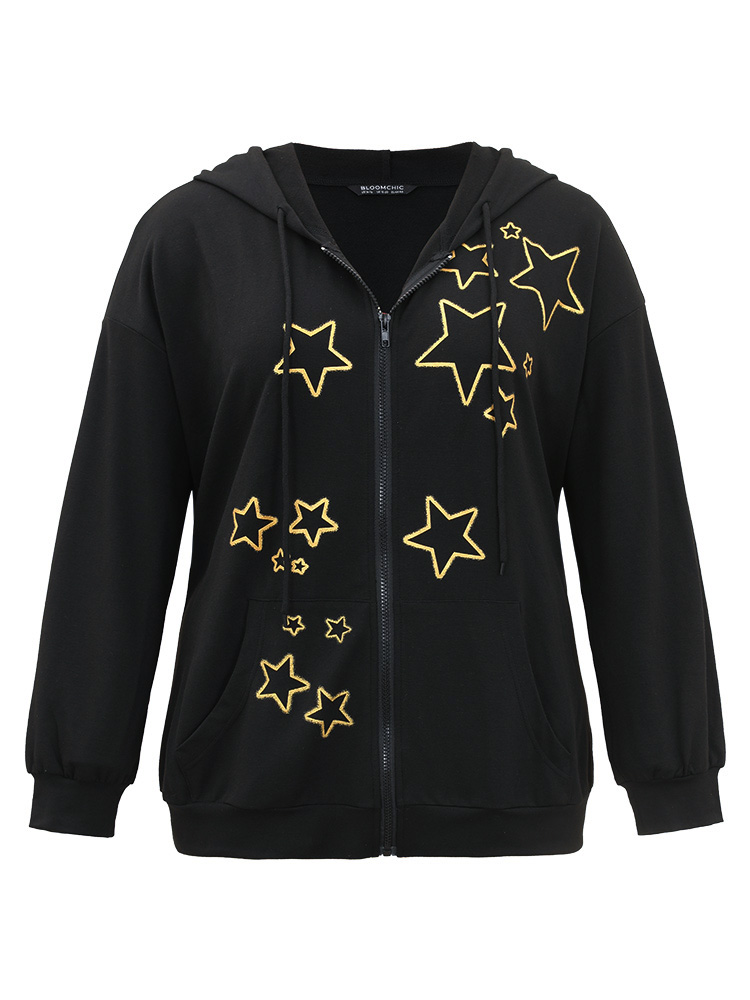Plus Size Women Dailywear Moon and Star Printed Regular Regular Sleeve Long Sleeve Hooded Pocket Casual Sweatshirts BloomChic 