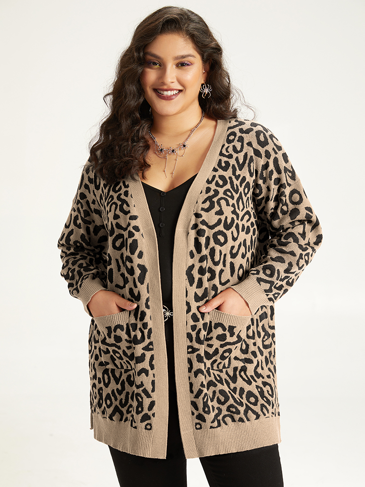 Cardigans | Halloween Leopard Print Patched Pocket Split Side Cardigan | BloomChic 