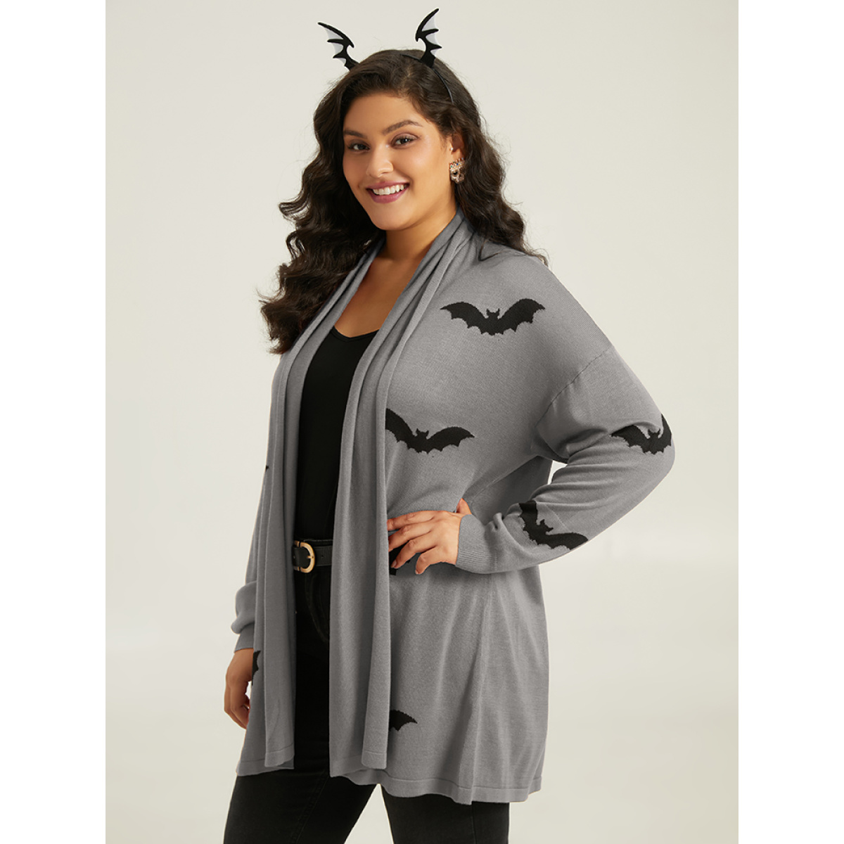 

Plus Size Supersoft Essentials Halloween Bat Pattern Lapel Collar Cardigan DarkGray Women Casual Loose Long Sleeve Festival-Halloween Cardigans BloomChic