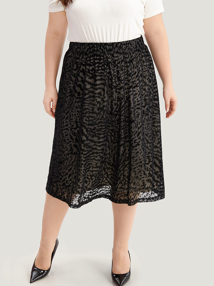 

Plus Size Flocking Water Ripple Elastic Waist Midi Skirt Women Black Elegant Texture Low stretch Dailywear Skirts BloomChic