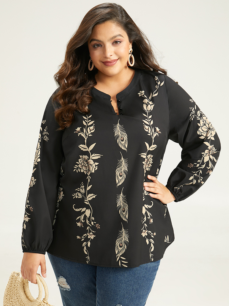 Plus Size Black Floral Print Button Up Lantern Sleeve Blouse Women Elegant Long Sleeve Round Neck Dailywear Blouses BloomChic 22-24/3X 