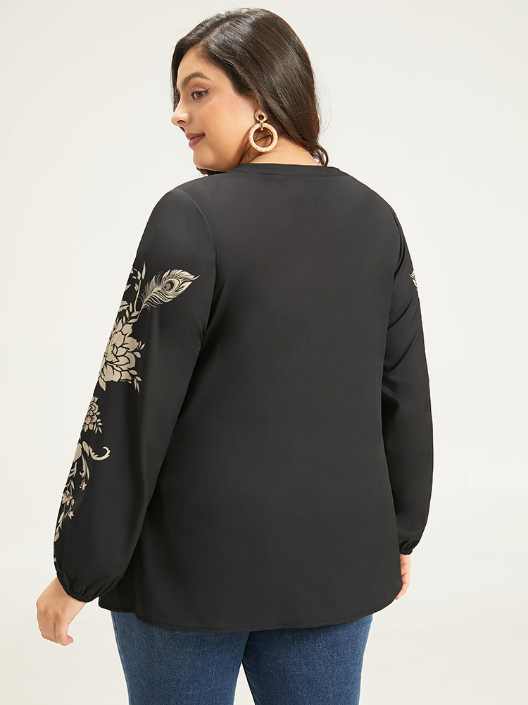 

Plus Size Black Floral Print Button Up Lantern Sleeve Blouse Women Elegant Long Sleeve Round Neck Dailywear Blouses BloomChic