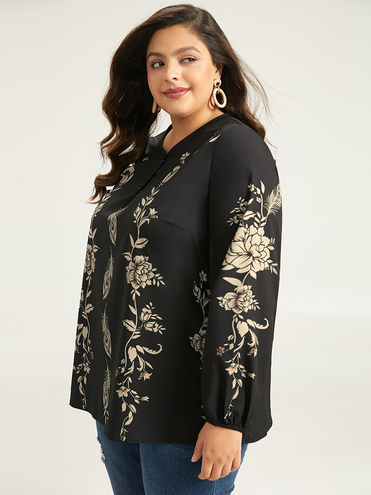 Plus Size Black Floral Print Button Up Lantern Sleeve Blouse Women Elegant Long Sleeve Round Neck Dailywear Blouses BloomChic 22-24/3X 