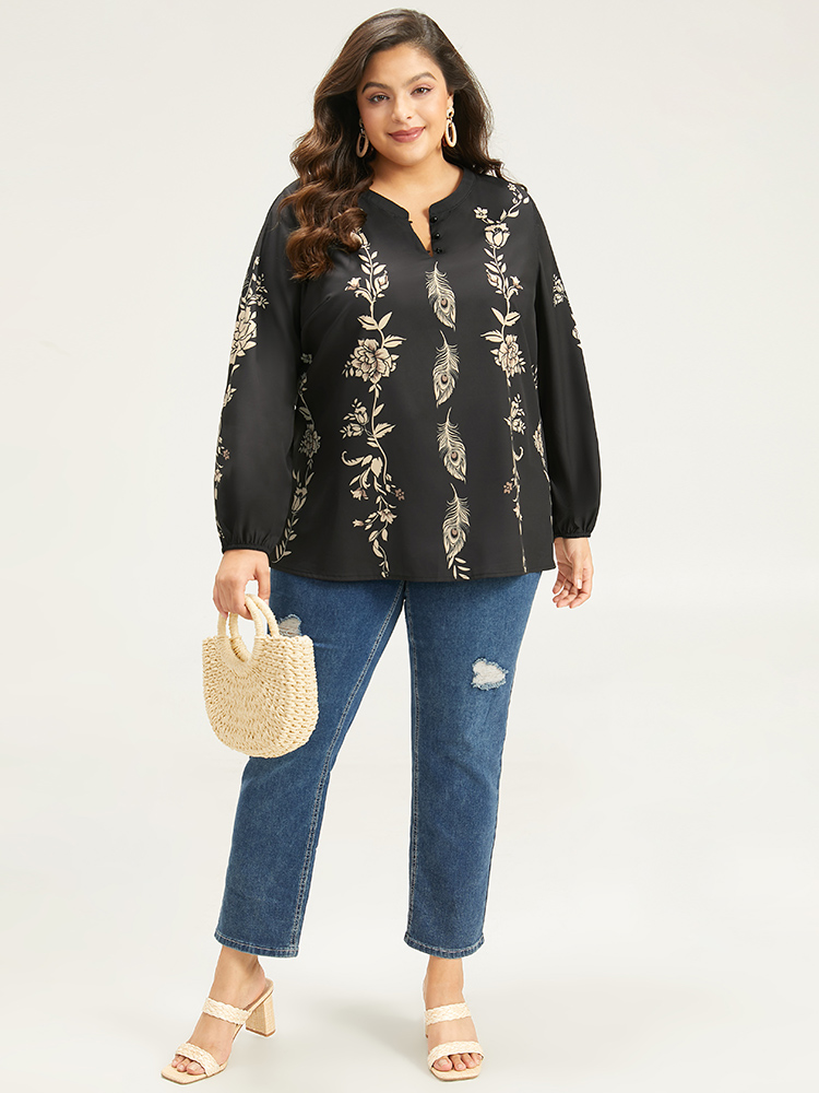 Plus Size Black Floral Print Button Up Lantern Sleeve Blouse Women Elegant Long Sleeve Round Neck Dailywear Blouses BloomChic 22-24/3X 
