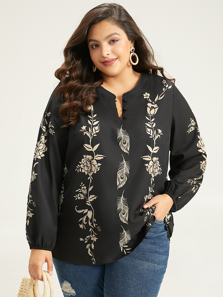 Plus Size Black Floral Print Button Up Lantern Sleeve Blouse Women Elegant Long Sleeve Round Neck Dailywear Blouses BloomChic 22-24/3X 