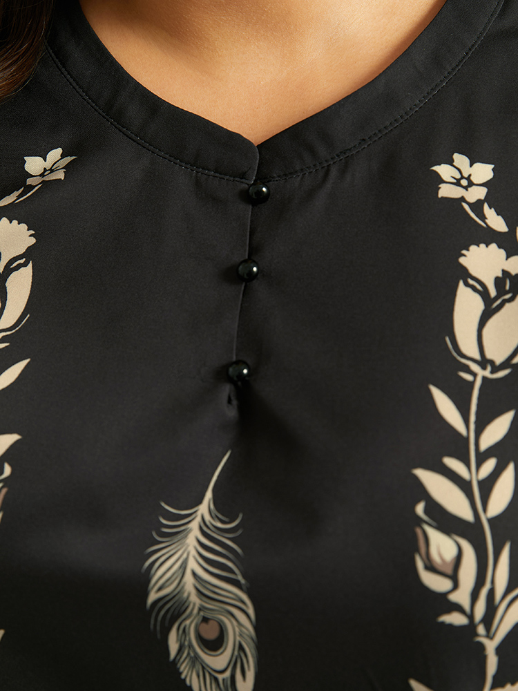 Plus Size Black Floral Print Button Up Lantern Sleeve Blouse Women Elegant Long Sleeve Round Neck Dailywear Blouses BloomChic 22-24/3X 